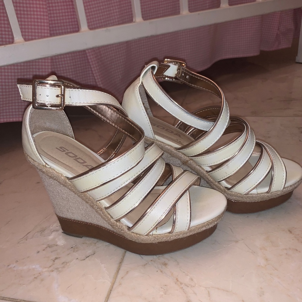 Off-white strappy wedges